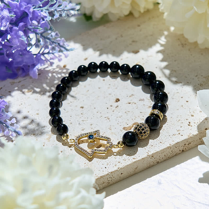 Olivenorma Natural Obsidian Beads Hamsa Pendant Bracelet