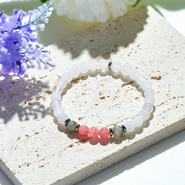 Olivenorma Clear Crystal Strawberry Quartz Labradorite Beads Bracelet