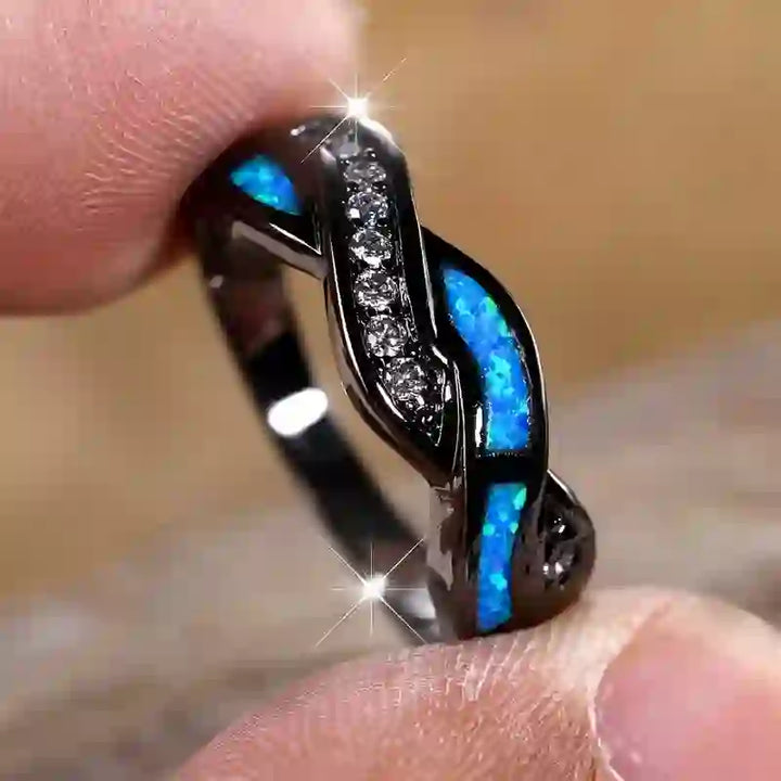 Olivenorma Black Gold Wavy Blue Opal with Zircon Ring