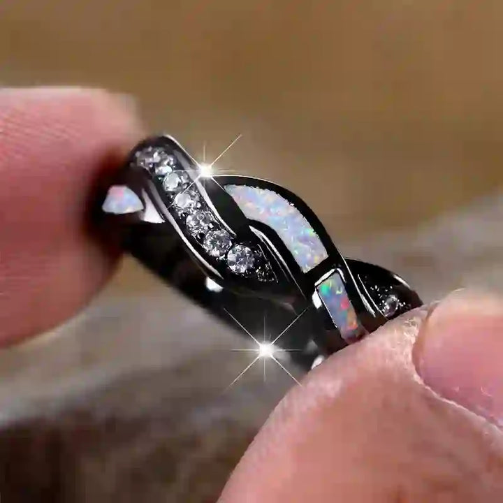 Olivenorma Black Gold Wavy Blue Opal with Zircon Ring