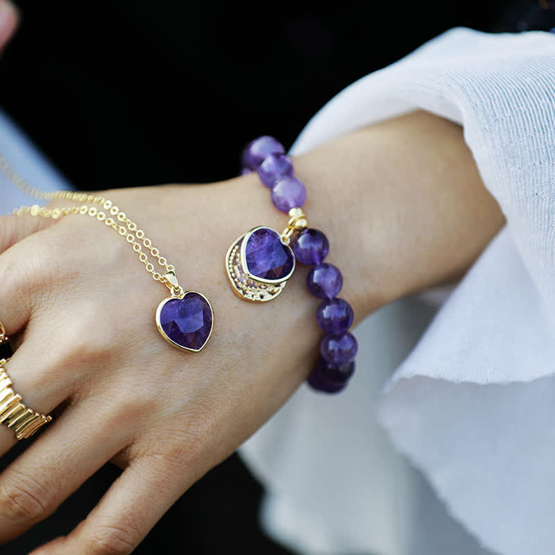 Olivenorma 10mm Amethyst Beads Heart Pendant Bracelet