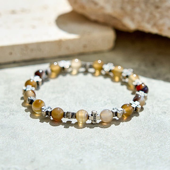 Olivenorma 6mm Natural Agate Golden Metal Cross Beads Bracelet