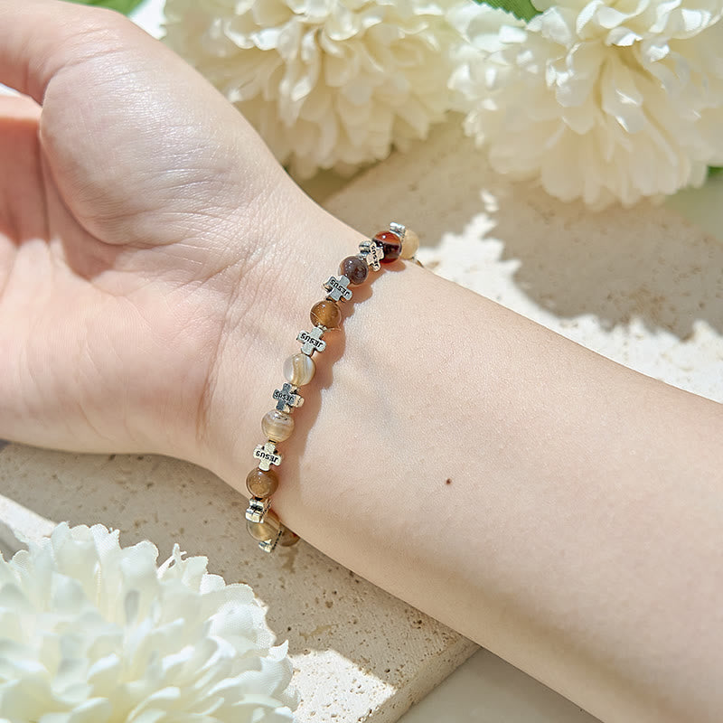 Olivenorma 6mm Natural Agate Metal Cross Beads Bracelet - image 1