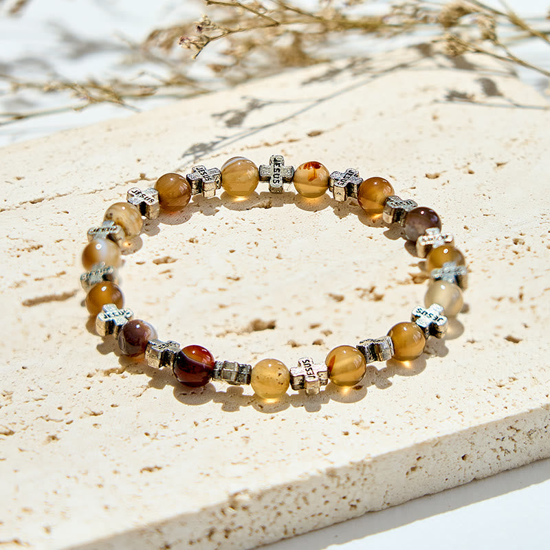 Olivenorma 6mm Natural Agate Metal Cross Beads Bracelet - image 2