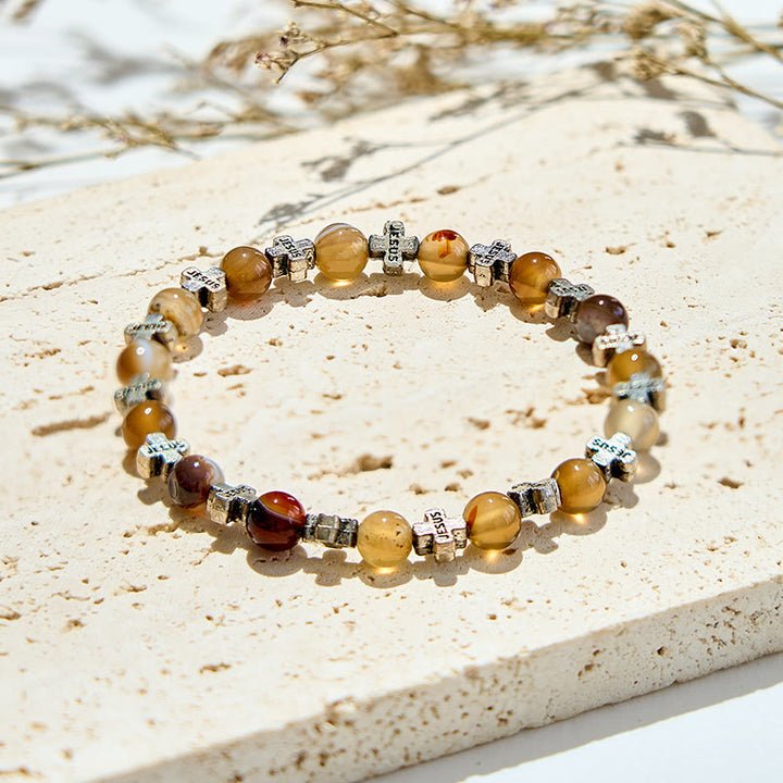 Olivenorma 6mm Natural Agate Metal Cross Beads Bracelet - image 2