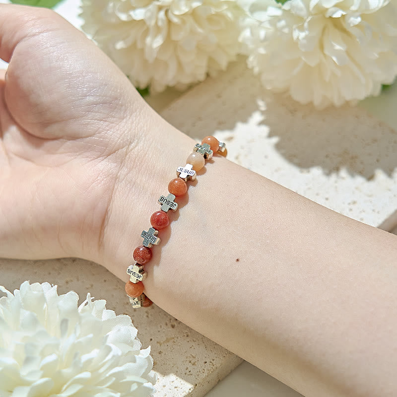 Olivenorma Sun Stone Sandstone Metal Cross Beads Bracelet - image 1