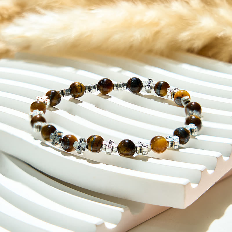 Olivenorma Natural Tiger Eye Metal Cross Beads Bracelet - image 3