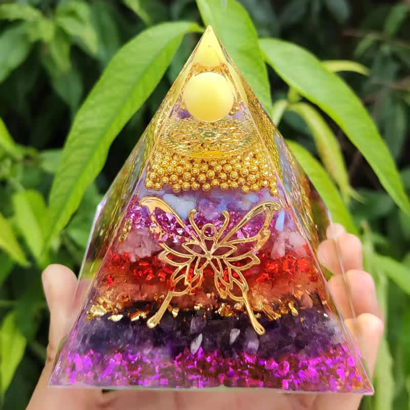 Olivenorma 10/15cm Natural Gravel Metal Butterfly Orgone Pyramid