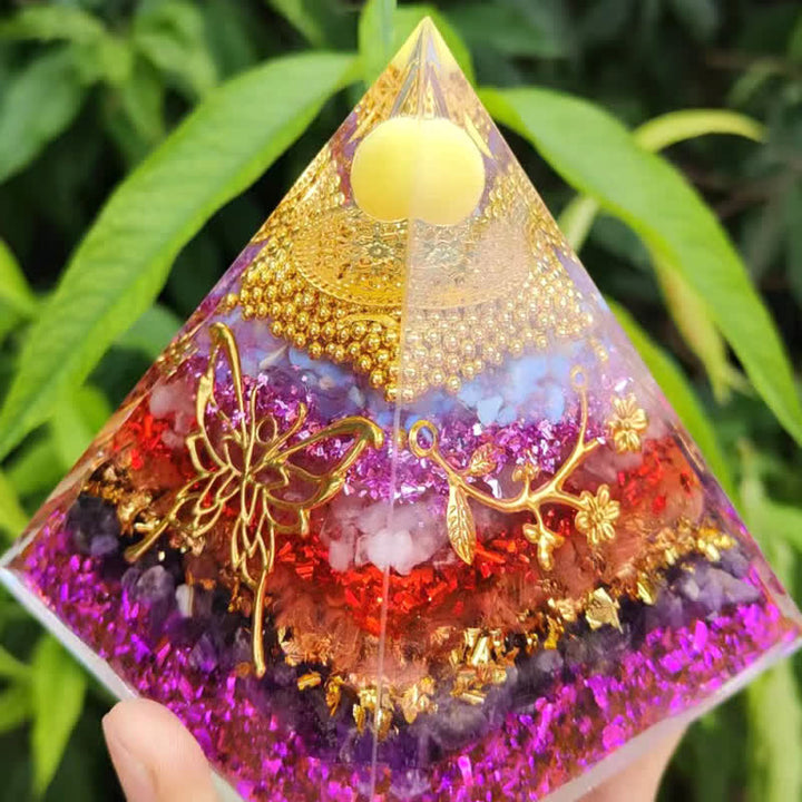 Olivenorma 10/15cm Natural Gravel Metal Butterfly Orgone Pyramid