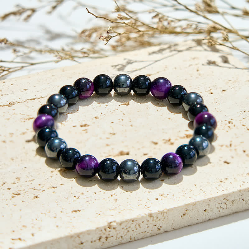 Olivenorma Purple Tiger Eye Obsidian Hematite Beaded Bracelet