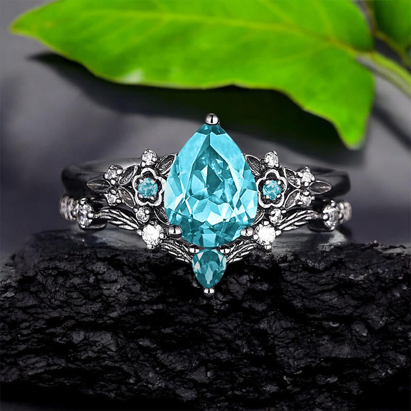 FREE Today: 2 Pcs Floral Alexandrite Black Engagement Ring Set - US 10 - Aquamarine - image 5
