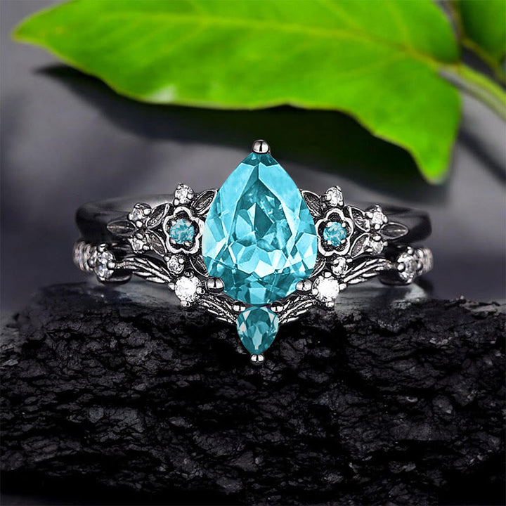 FREE Today: 2 Pcs Floral Alexandrite Black Engagement Ring Set - US 10 - Aquamarine - image 5