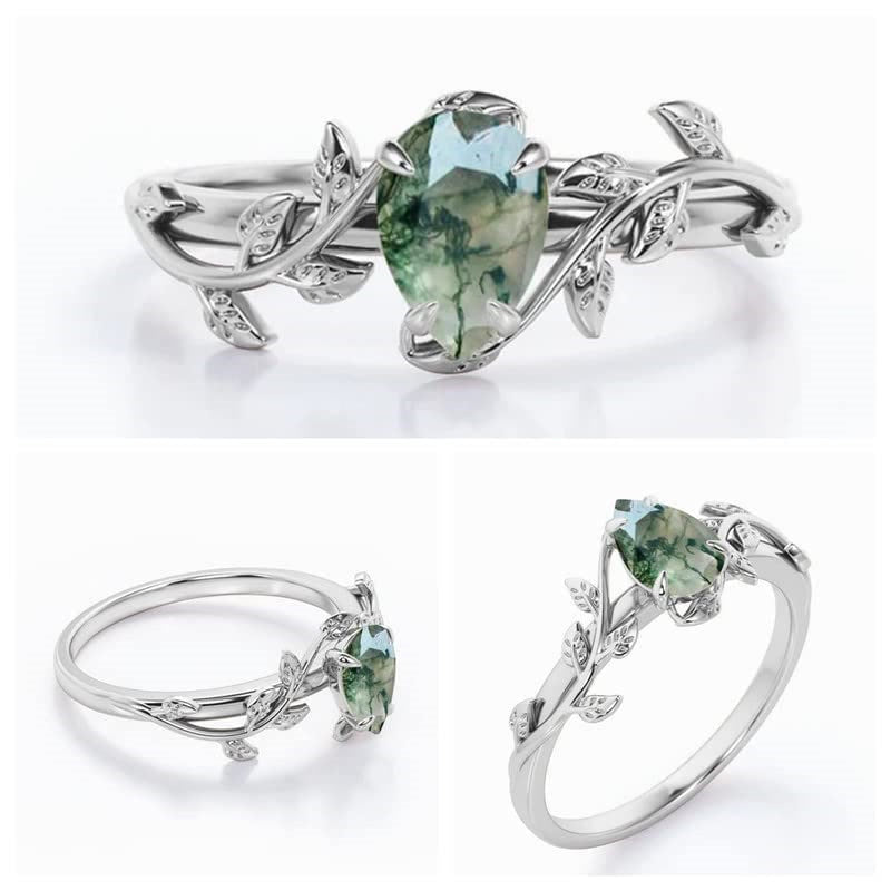 Olivenorma Pear Cut Moss Agate Twisted Leaf Engagement Ring - image 6