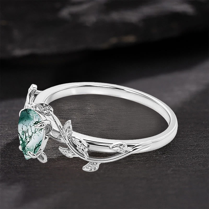 Olivenorma Pear Cut Moss Agate Twisted Leaf Engagement Ring