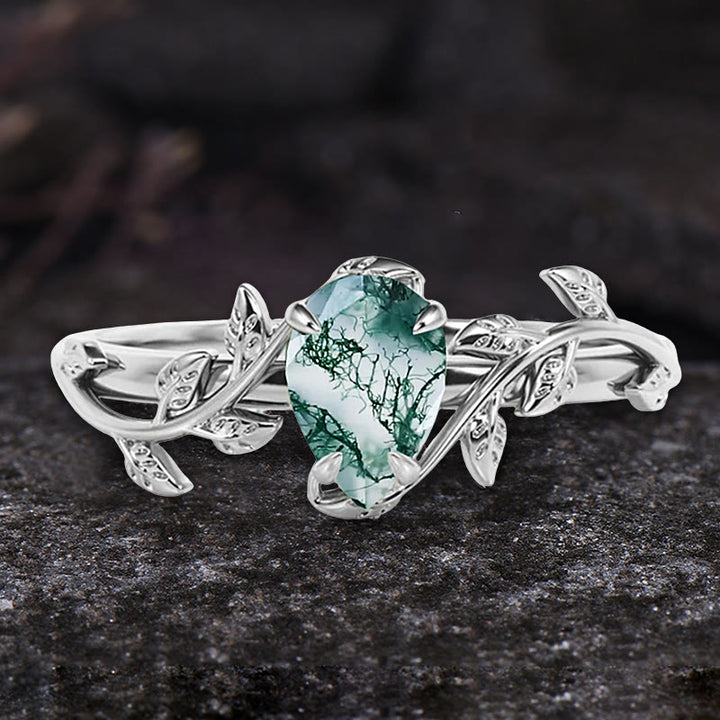 Olivenorma Pear Cut Moss Agate Twisted Leaf Engagement Ring