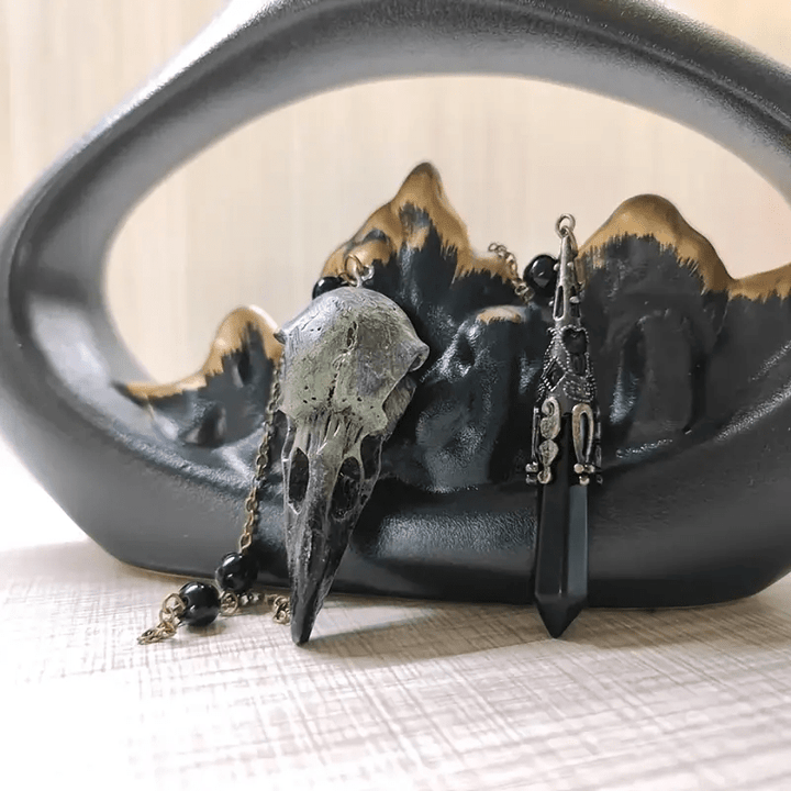 Olivenorma Viking Raven Skull Figurine Natural Obsidian Pendulum - image 3