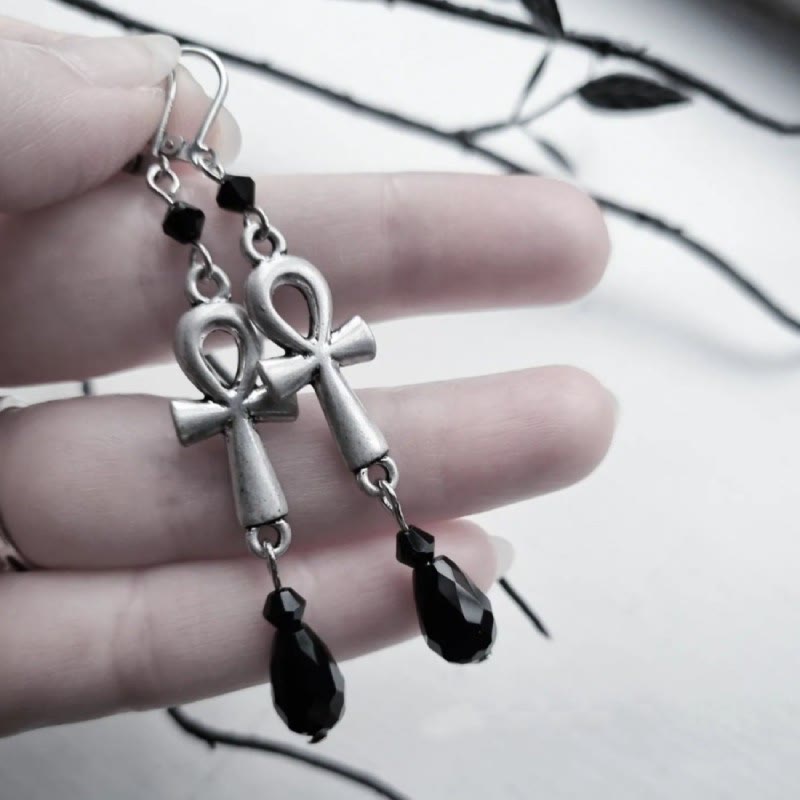 Olivenorma Obsidian Ankh Cross Charm Hook Earrings