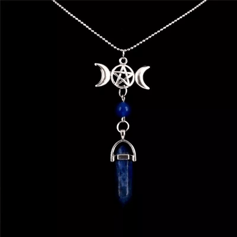 Olivenorma Triple Moon Pentagram Lapis Lazuli Healing Necklace