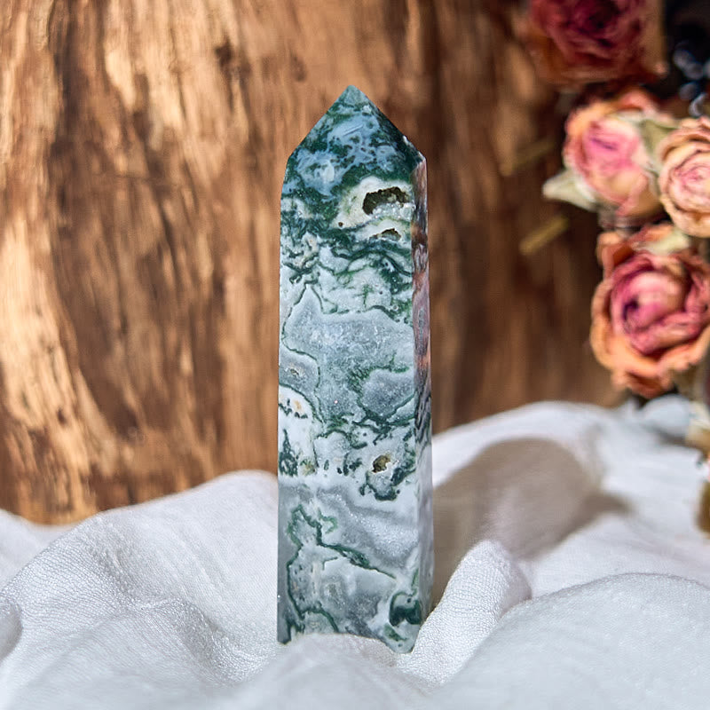 Olivenorma Moss Agate 4 Faceted Column Reiki Crystal Wands Tower