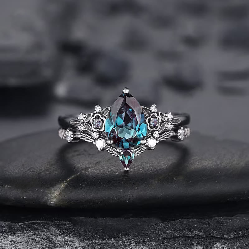 FREE Today: 2 Pcs Floral Alexandrite Black Engagement Ring Set - image 4