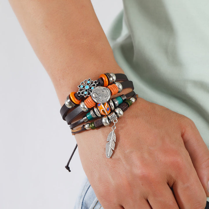 Olivenorma Feather Charms Bohemian Adjustable Leather Bracelet