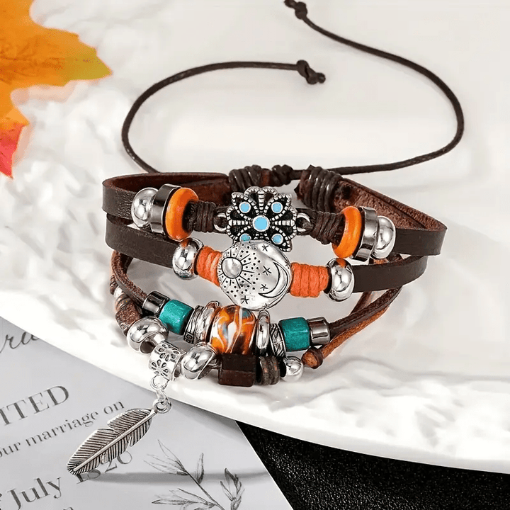 Olivenorma Feather Charms Bohemian Adjustable Leather Bracelet