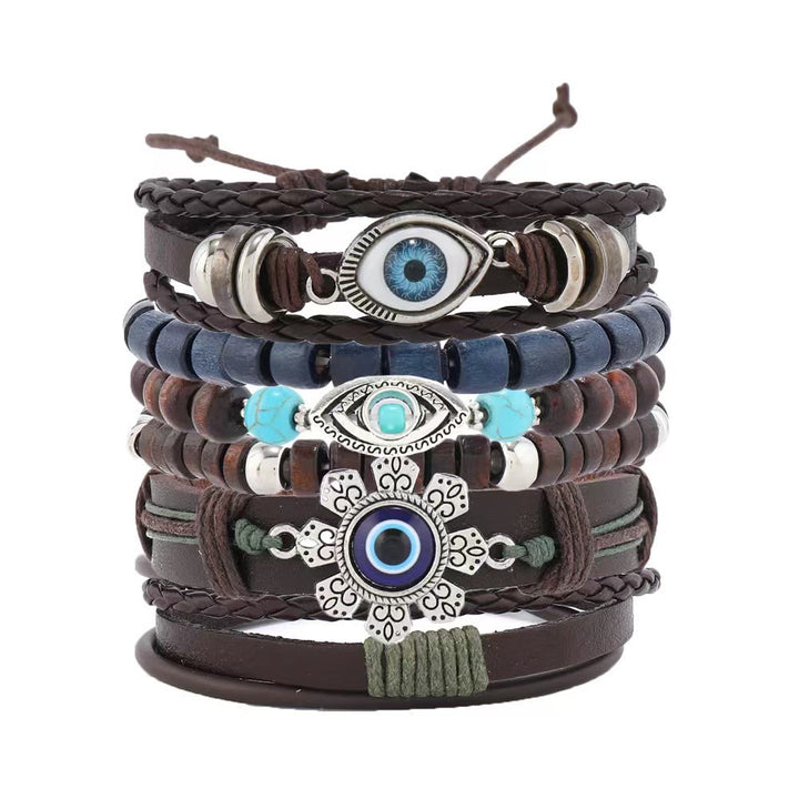 Olivenorma 6Pcs Evil Eye Turquoise Leather Wristband Bracelet Set