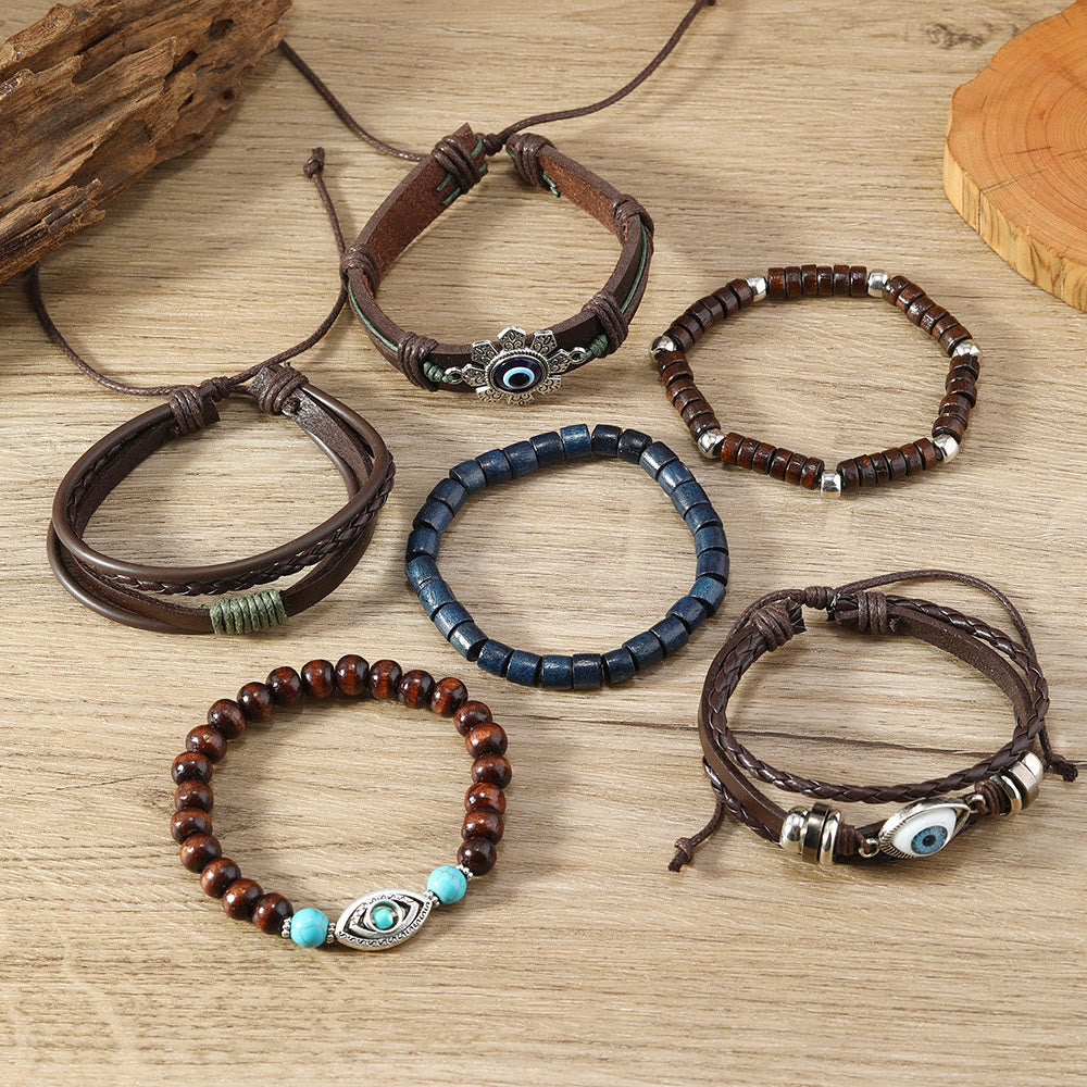 Olivenorma 6Pcs Evil Eye Turquoise Leather Wristband Bracelet Set - image 2