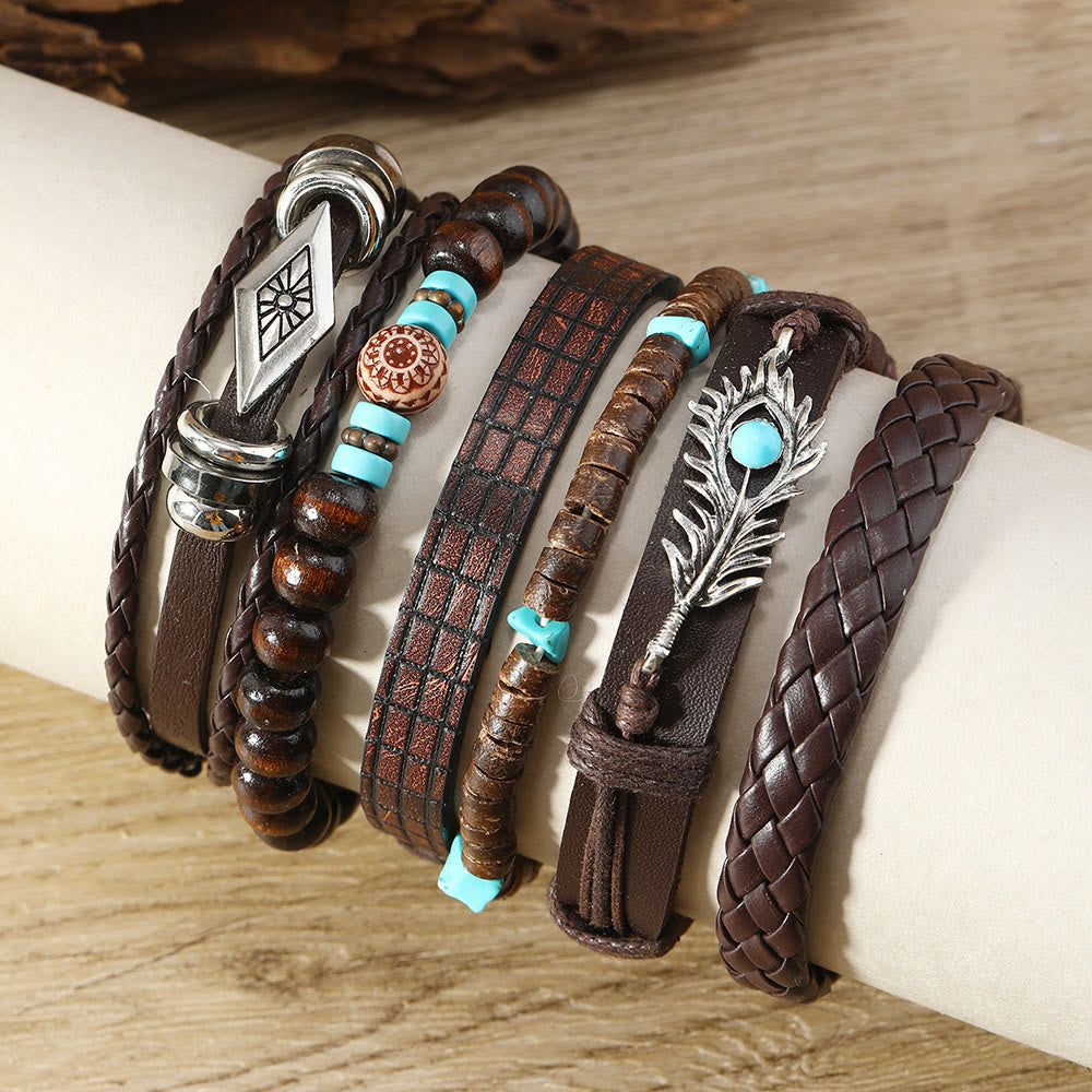 Olivenorma Feather Natural Stone Handmade Woven Leather Bracelet Set