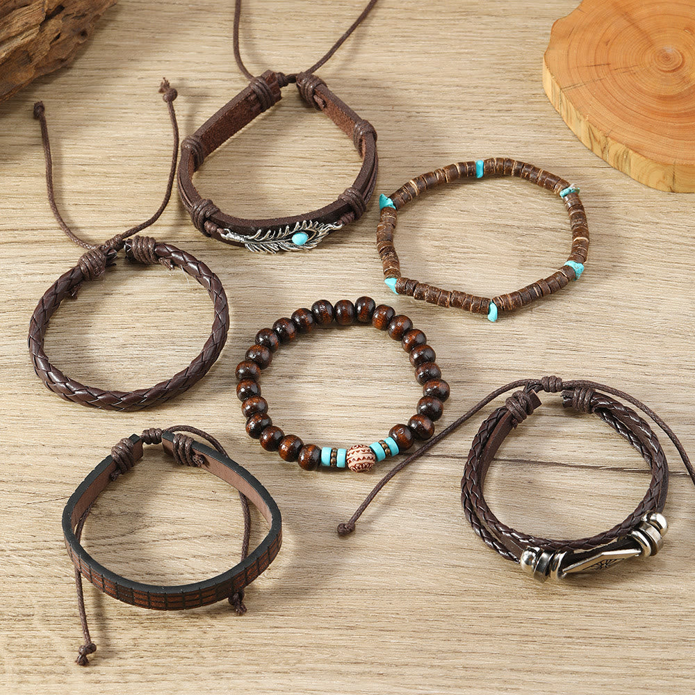 Olivenorma Feather Natural Stone Handmade Woven Leather Bracelet Set