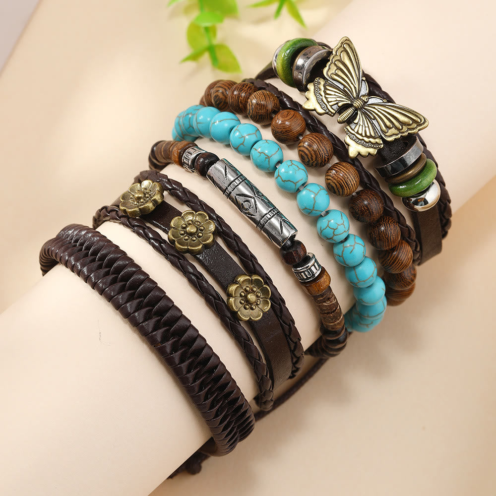 Olivenorma Butterfly Turquoise Handmade Woven Leather Bracelet Set