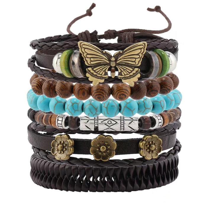 Olivenorma Butterfly Turquoise Handmade Woven Leather Bracelet Set