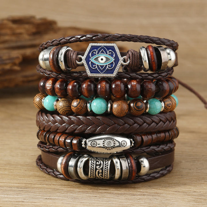 Olivenorma Multi-Layer Turkish Evil Eye Gemstone Leather Bracelet Set