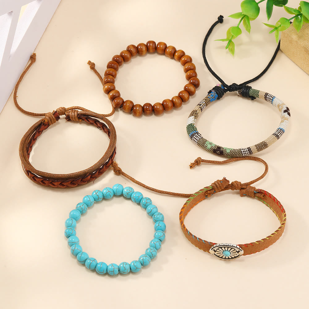 Olivenorma Multi-Layer Wooden Beads Turquoise Braided Bracelet