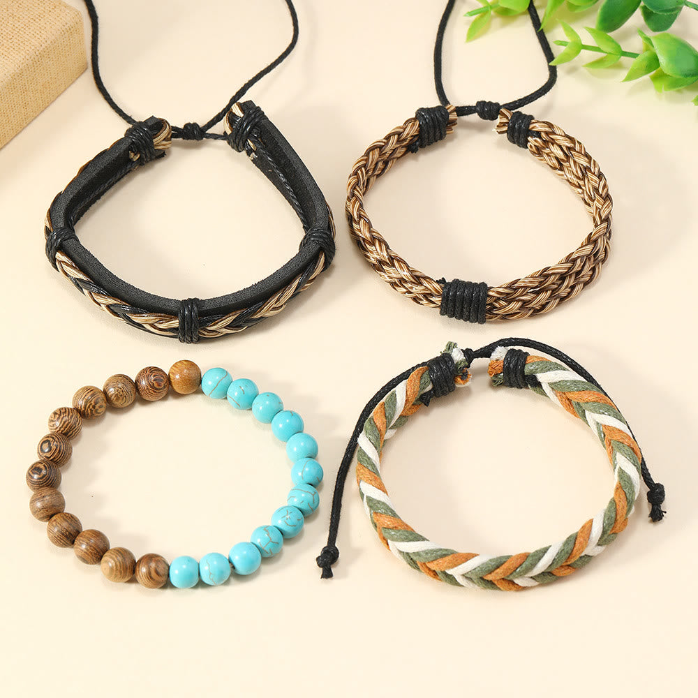 Olivenorma 4Pcs Wenge Wood Green Turquoise Braided Leather Bracelet