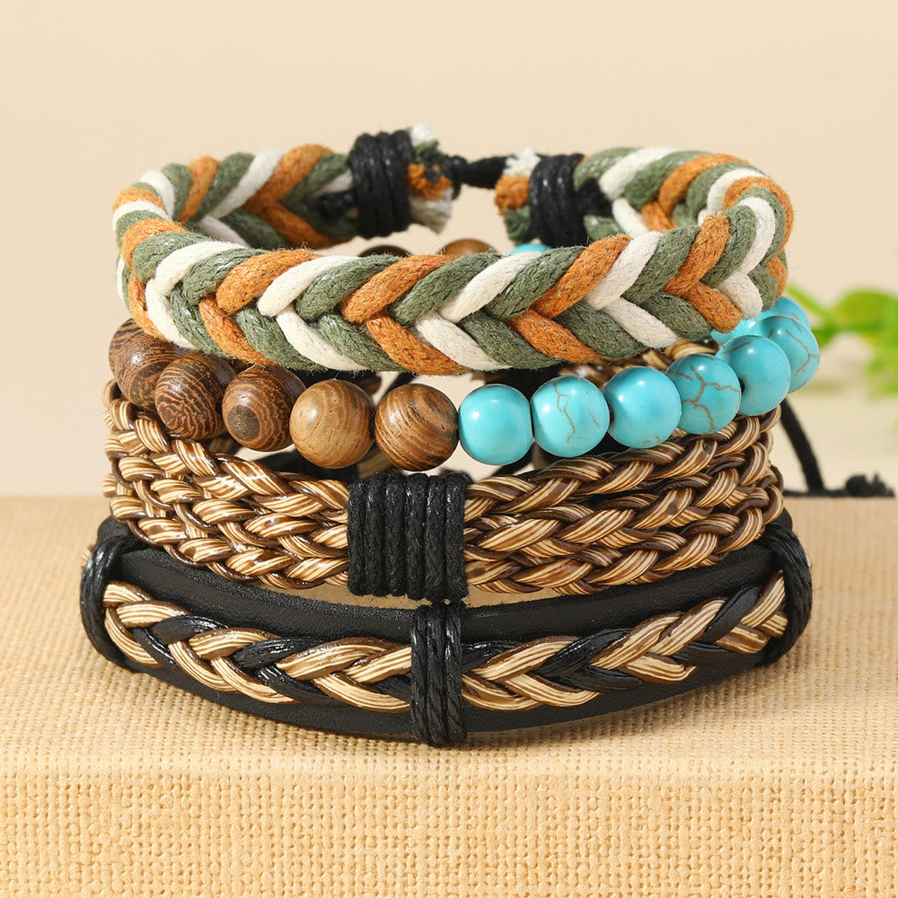 Olivenorma 4Pcs Wenge Wood Green Turquoise Braided Leather Bracelet