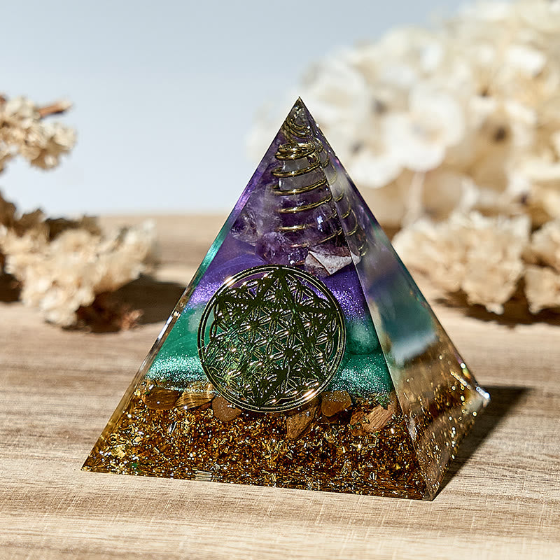 Olivenorma Handmade Flower of Life Gemstone Orgone Pyramid