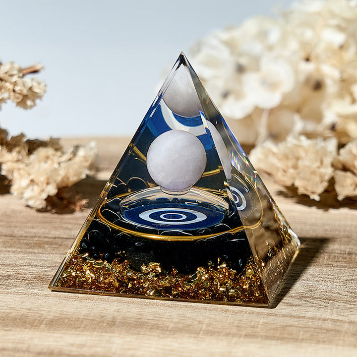 Olivenorma White Agate Sphere Evil Eye Protection Orgone Pyramid