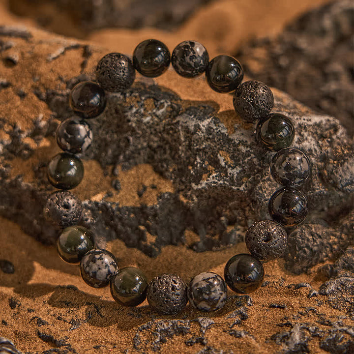 Olivenorma Snowflake Obsidian Lava Stone Beaded Bracelet