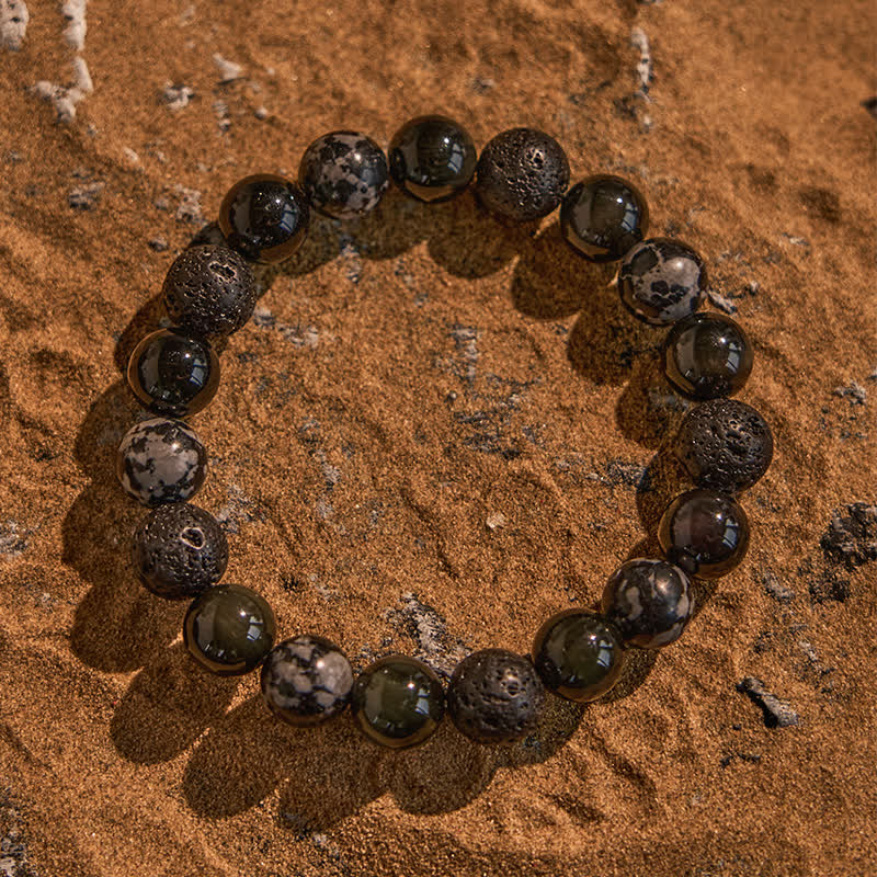 Olivenorma Snowflake Obsidian Lava Stone Beaded Bracelet