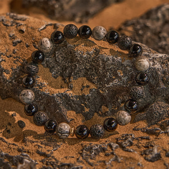 Olivenorma Grey Jasper Obsidian Lava Stone Beaded Bracelet