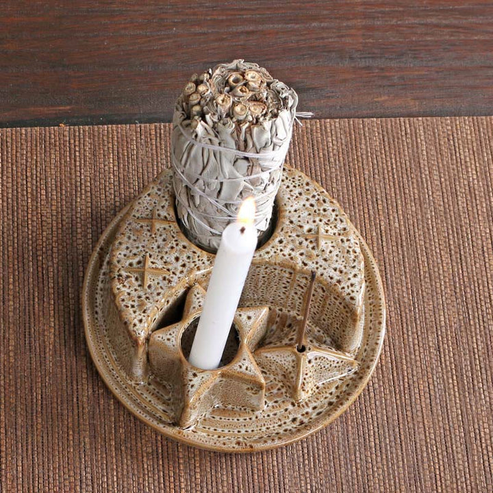 Olivenorma 3-IN-1 Moon and Star Ceramic Sage Incense Holder
