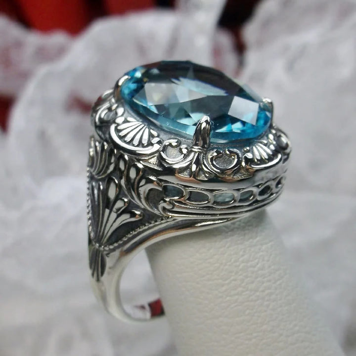 Olivenorma Retro Faceted Aquamarine Carved Gem Ring