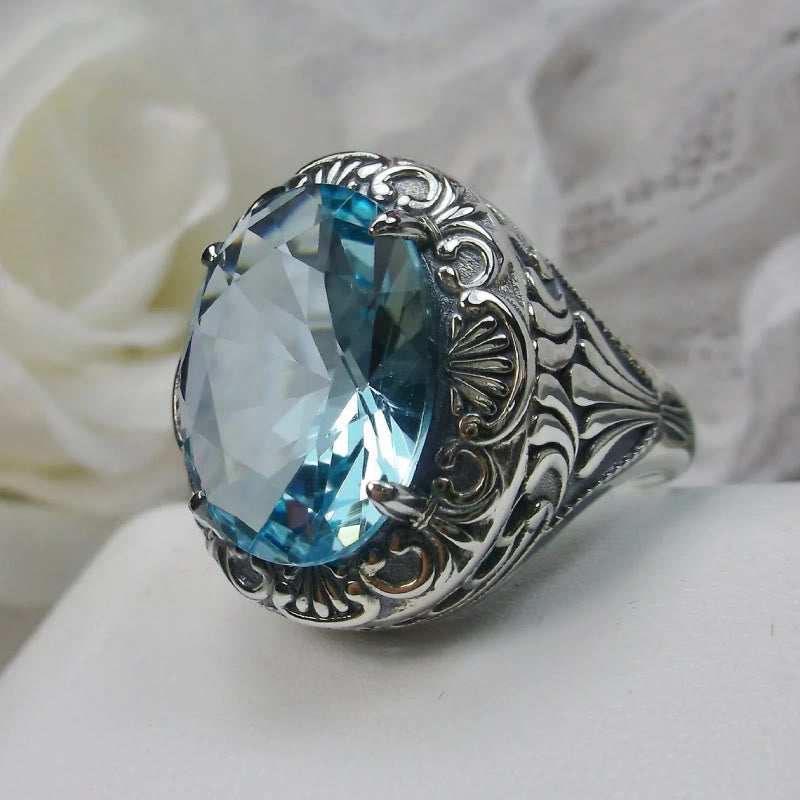 Olivenorma Retro Faceted Aquamarine Carved Gem Ring