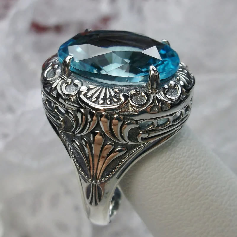 Olivenorma Retro Faceted Aquamarine Carved Gem Ring