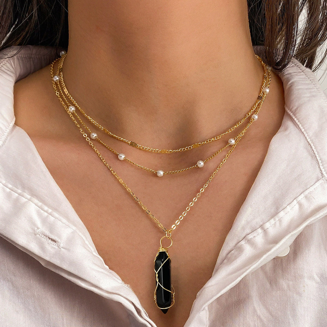 Olivenorma Natural Gemstone Prism Charm Stacked Necklace