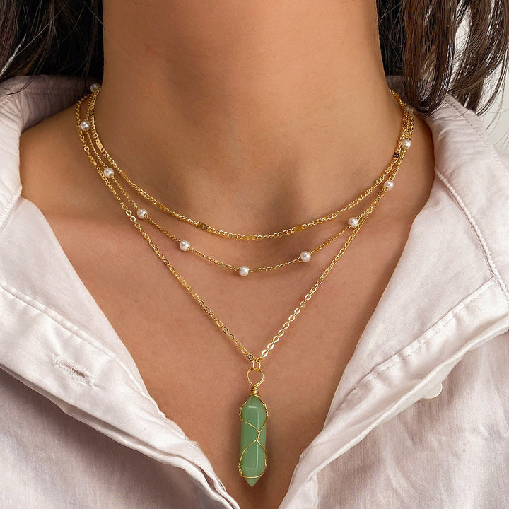 Olivenorma Natural Gemstone Prism Charm Stacked Necklace