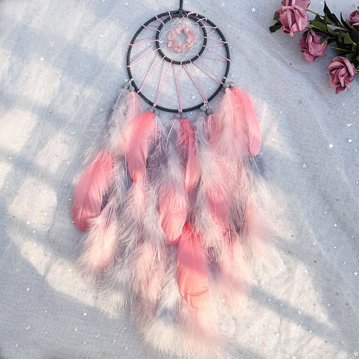 Olivenorma Rose Quartz Beaded Pink Feather Dream Catcher