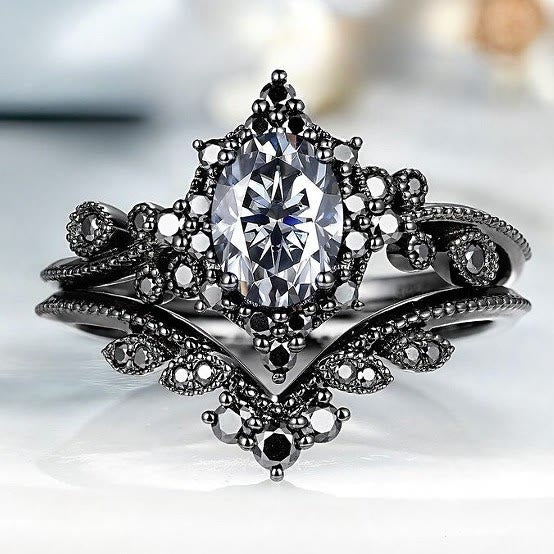 FREE Today: 2 Pcs Black Oval Gray Moissanite Engagement Ring Set - Filigree - US 11 - image 4