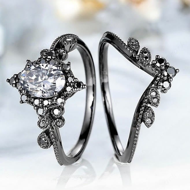 FREE Today: 2 Pcs Black Oval Gray Moissanite Engagement Ring Set - image 6